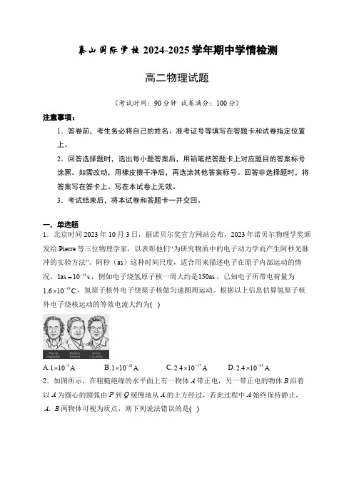 山东省泰安市泰山国际学校2024-2025学年高二上学期期中检测物理试卷(含解析)