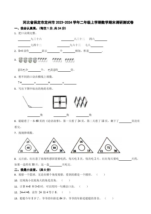 河北省保定市定州市2023-2024学年二年级上学期数学期末调研测试卷