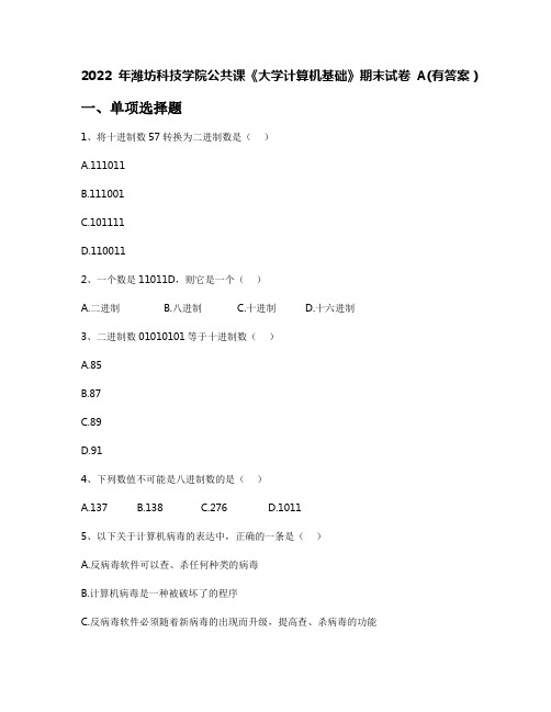 2022年潍坊科技学院公共课《大学计算机基础》期末试卷A(有答案)