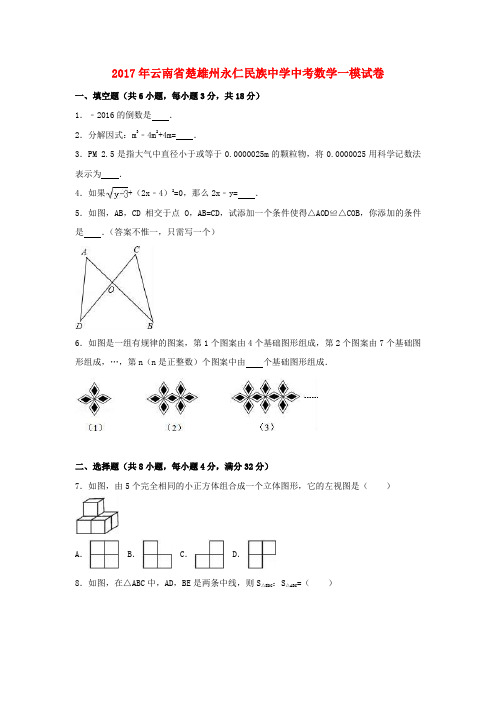 云南省楚雄彝族自治州永仁县2017年中考数学一模试卷(含解析)