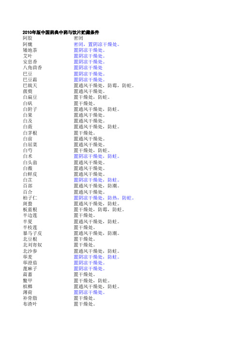 2010年版《中国药典》一部 中药材与饮片贮藏条件★★★