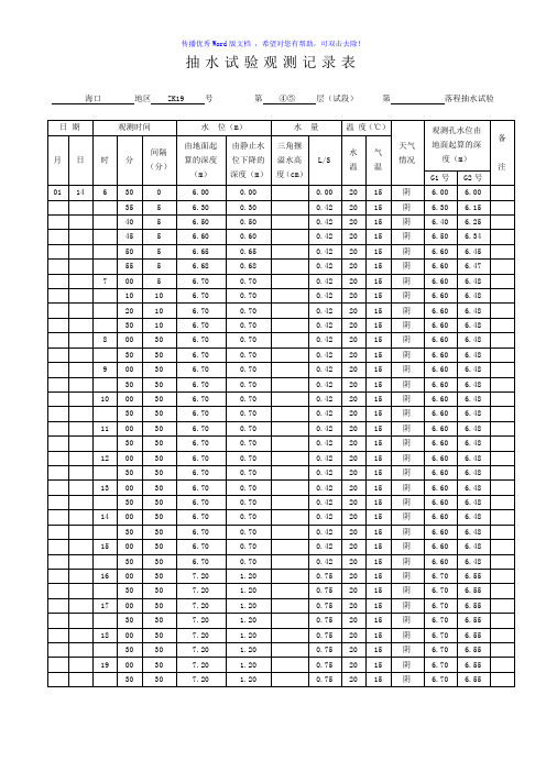 抽水试验观测记录表Word版