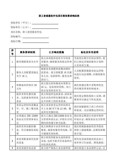 商务要求响应表模板