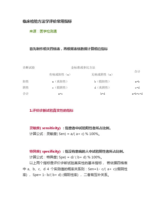 临床检验方法学评价常用指标