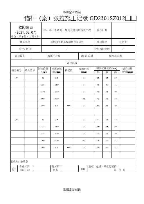 锚索张拉施工记录之欧阳家百创编