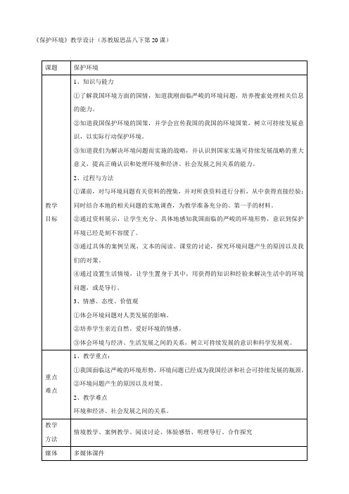 思想品德：第20课《保护环境》教学设计 (苏教版八年级下册)