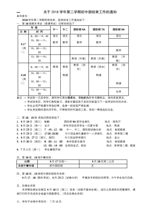 关于2018学年第二学期初中部结束工作的通知【模板】