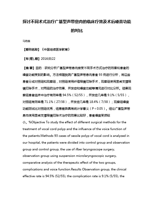 探讨不同术式治疗广基型声带息肉的临床疗效及术后嗓音功能的对比