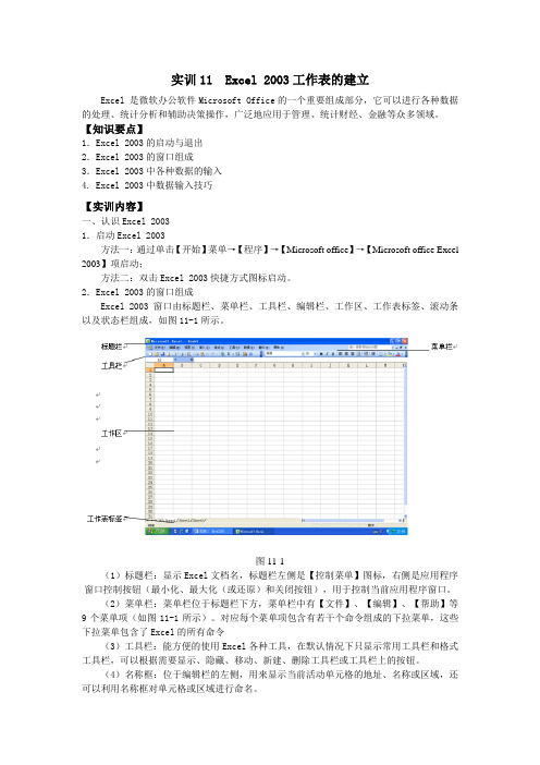 实训11  Excel2003工作表的建立