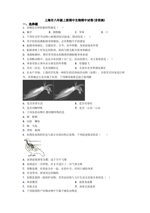 上海市八年级上册期中生物期中试卷(含答案)