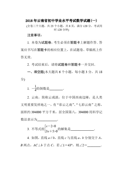 2019年云南省初中学业水平考试数学试题(一)