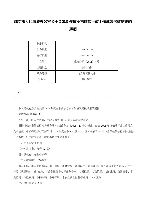 咸宁市人民政府办公室关于2015年度全市依法行政工作成效考核结果的通报-咸政办函〔2016〕7号