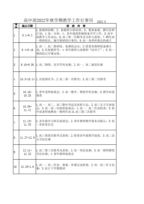 高中部秋季教学工作行事历