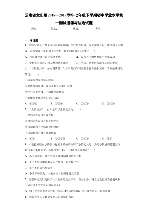 云南省文山州2018—2019学年七年级下学期初中学业水平统一测试道德与法治试题