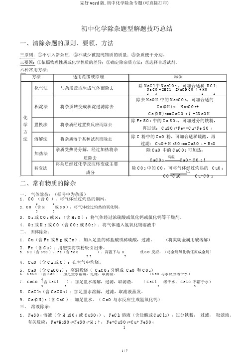 完整word版,初中化学除杂专题(可直接打印)