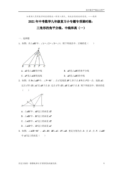 2021年九年级中考数学九年级复习小专题专项课时练：三角形的角平分线、中线和高(一)