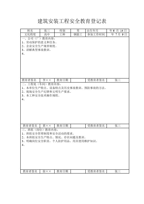 变换工种建筑安装工程安全教育登记表