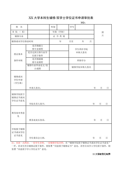 本科生辅修双学士学位证书申请审批表