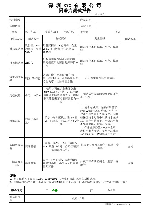 电镀件附着力测试报告