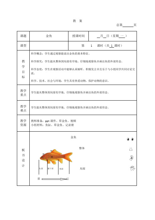 小学一年级科学《金鱼》精品教案及反思