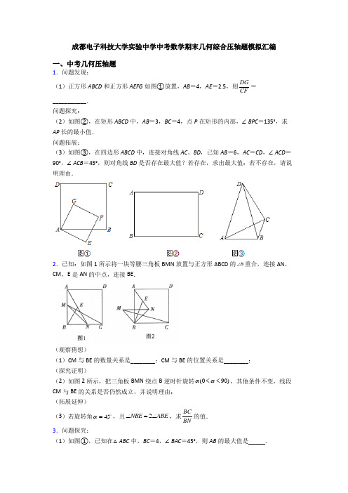 成都电子科技大学实验中学中考数学期末几何综合压轴题模拟汇编