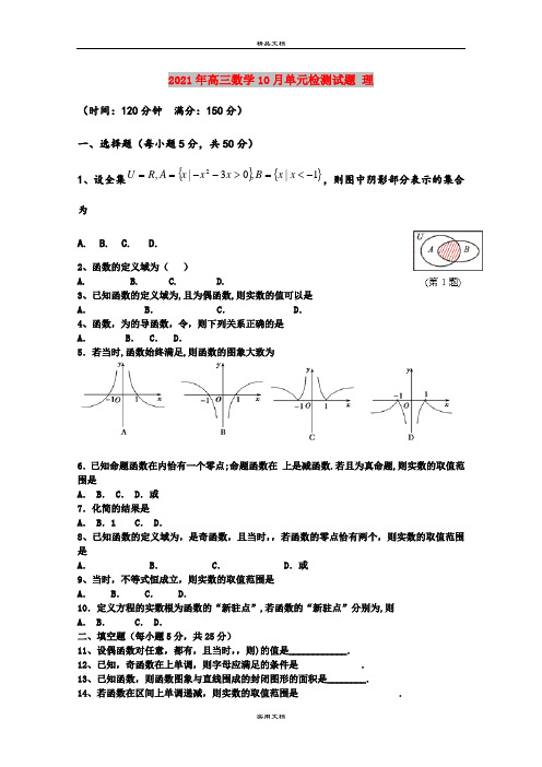 2021年高三数学10月单元检测试题 理