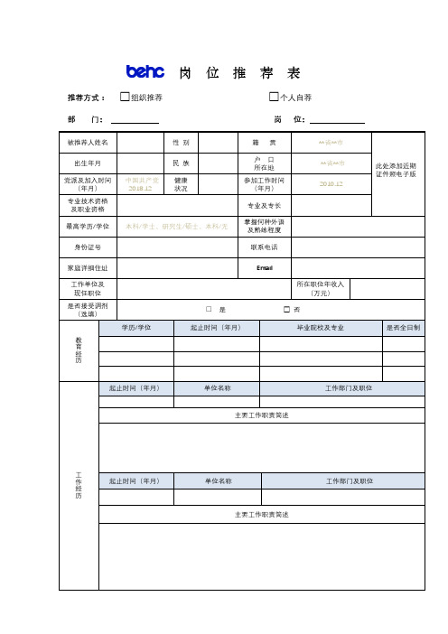 岗位推荐表【模板】