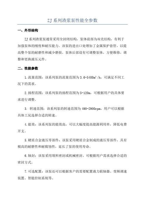 ZJ系列渣浆泵性能全参数