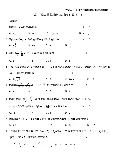 (完整word版)高二数学圆锥曲线基础练习题集(一)