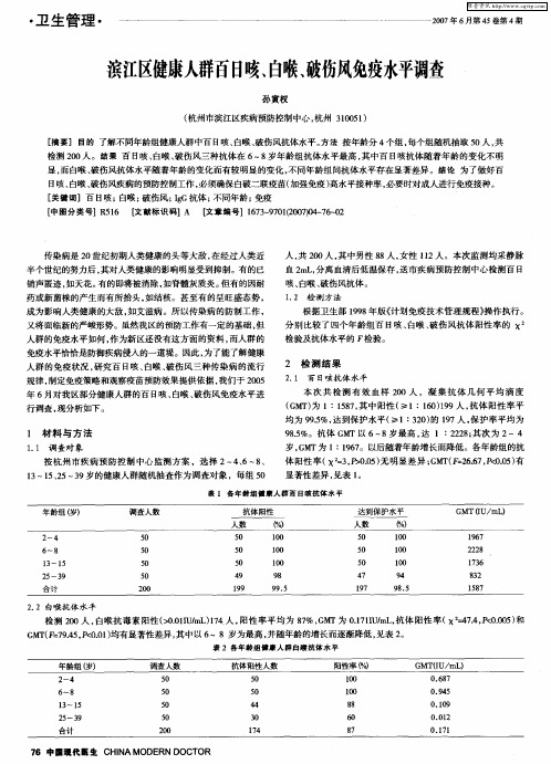 滨江区健康人群百日咳、白喉、破伤风免疫水平调查