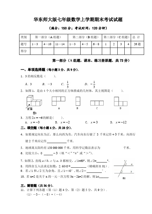 华东师大版七年级数学上学期期末考试试题及答案