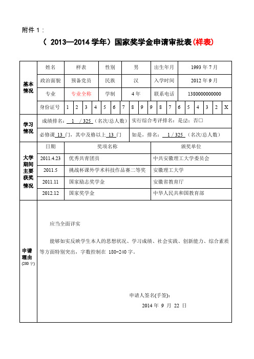 0.国家奖学金申请审批表-样表