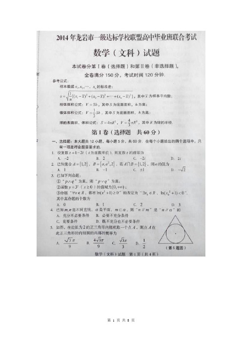 福建省龙岩市一级达标学校联盟2014届高三下学期5月联合考试数学文试题(扫描版)