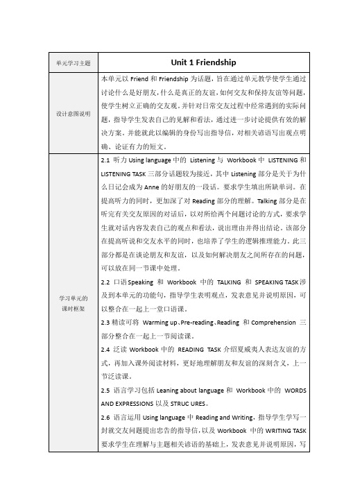 Unit 1 Friendship作业表单2：单元学习主题设计及检验提示单