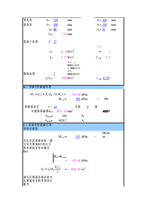 各种梁配筋计算表格