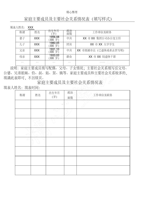 家庭主要成员与主要社会关系情况表格模板(填写样式)