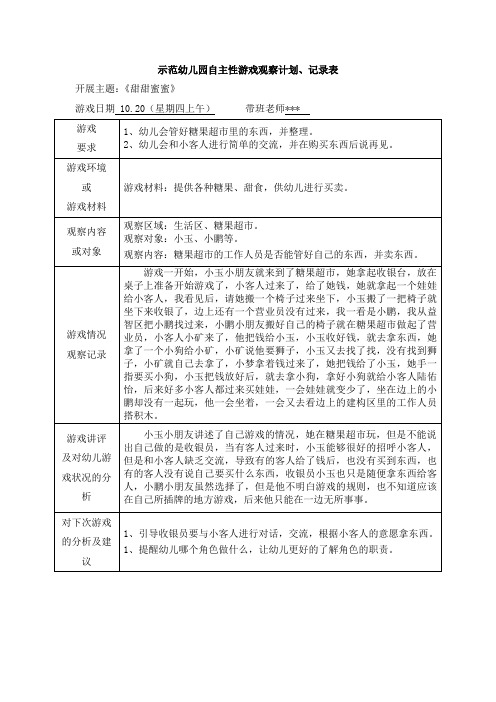 示范幼儿园自主性游戏观察计划、记录表-糖果超市的工作人员是否能管好自己的东西