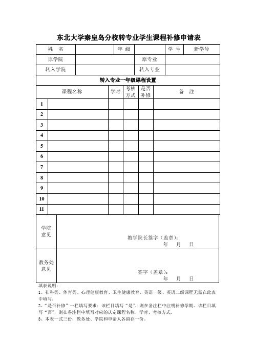 东北大学秦皇岛分校转专业学生课程补修申请表