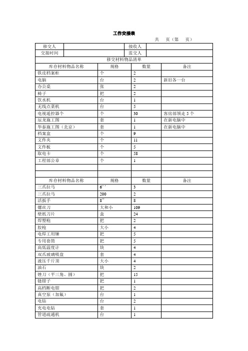 酒店工程部工料交接表