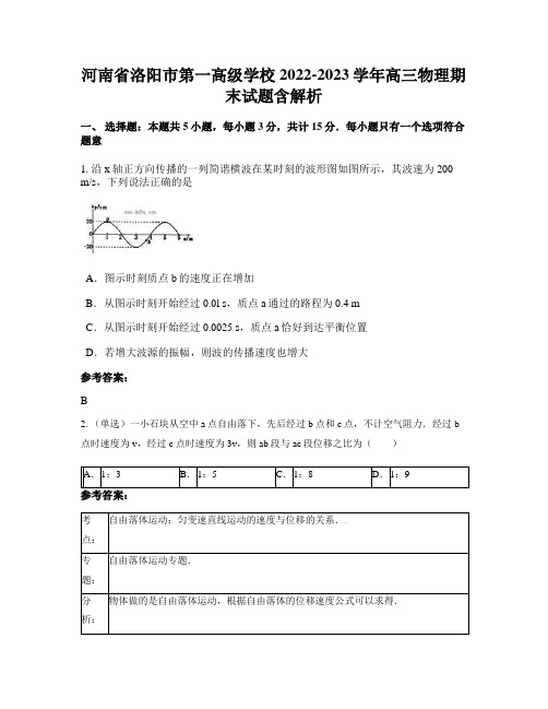 河南省洛阳市第一高级学校2022-2023学年高三物理期末试题含解析