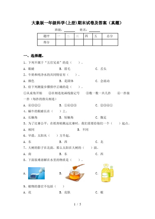 大象版一年级科学(上册)期末试卷及答案(真题)