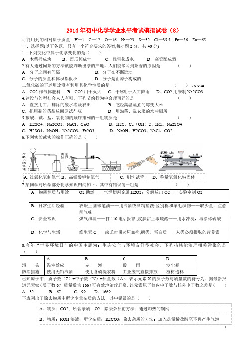 2014年初中化学学业水平考试模拟试卷(8)