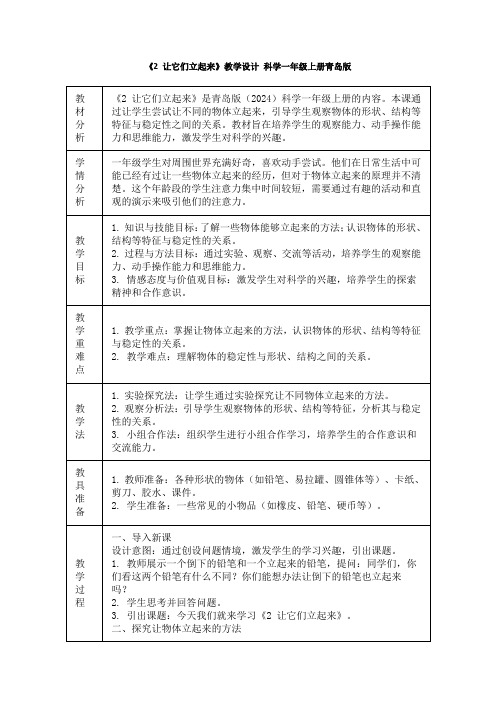 《2 让它们立起来》教学设计(表格式)科学一年级上册青岛版(2024)