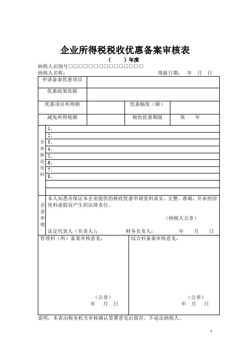 企业所得税税收优惠备案审核表