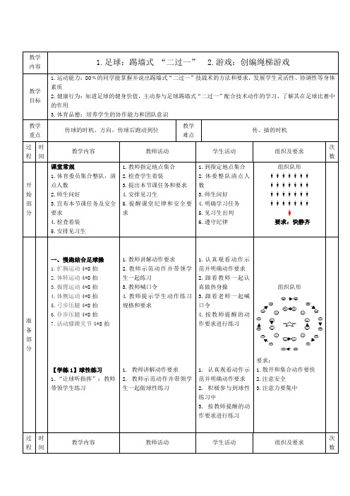 足球-踢墙式 “二过一”教案