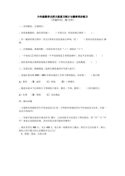 北师大版小学数学六年级下册总复习统计与概率试题(含答案)