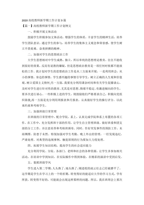 2020高校教师新学期工作计划3篇