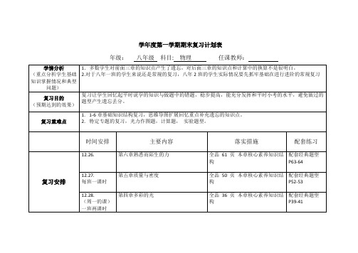 八年级物理期末复习计划表