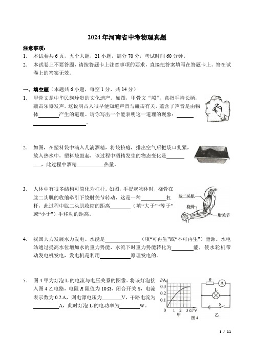 2024年河南省中考物理真题及标准答案