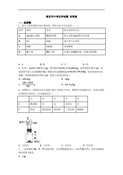 南京市中考化学试题 含答案